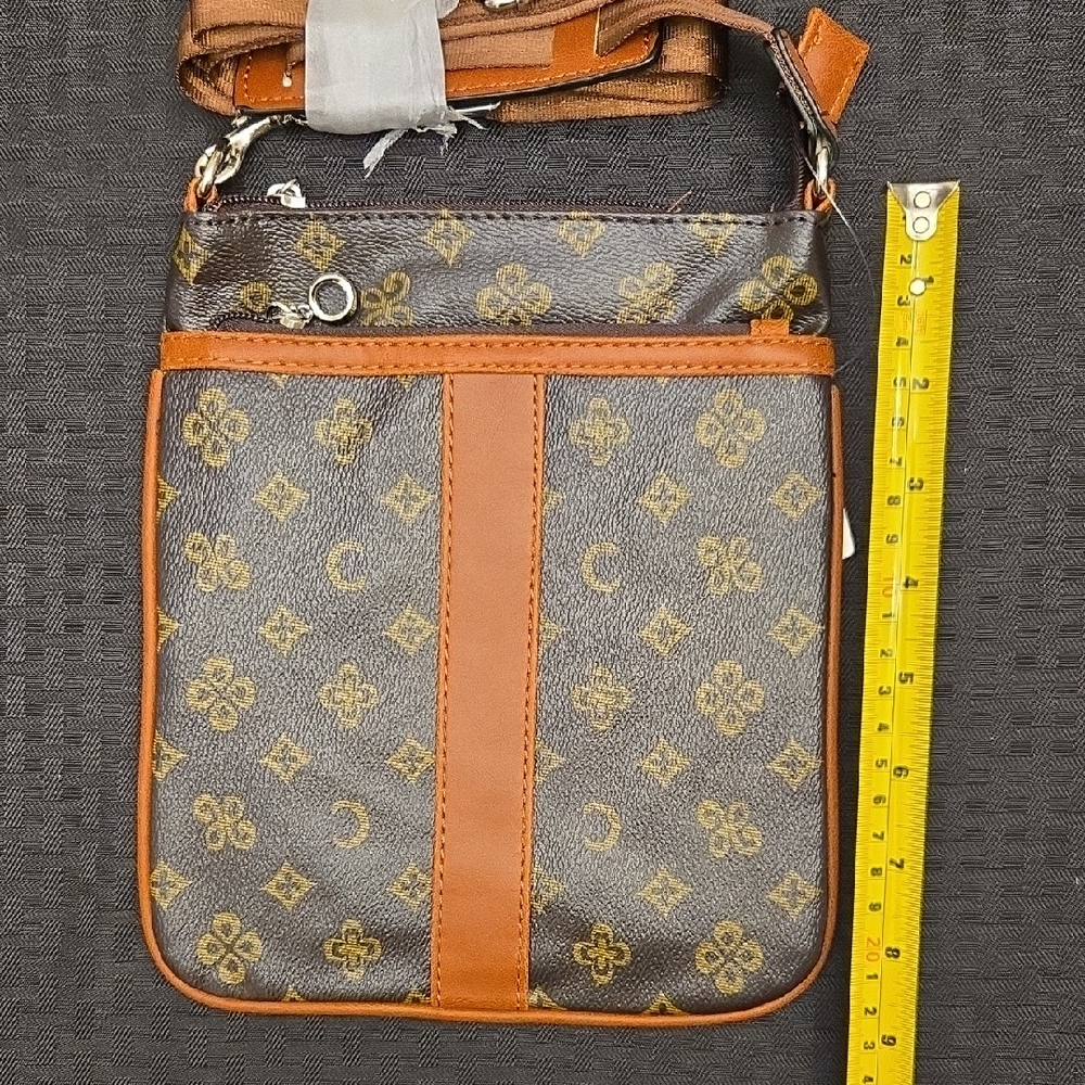 NWT Brown Monogram Print Crossbody Bag Vegan Leather Trim Adjustable Strap